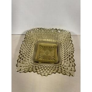 Vintage Amber Pressed Glass Square Trinket Dish • Diamond Point Pattern